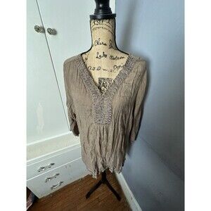 Krazy Kat Women's Tunic Blouse Semi Sheer V-Neck Braided Trim Detailing Size XXL